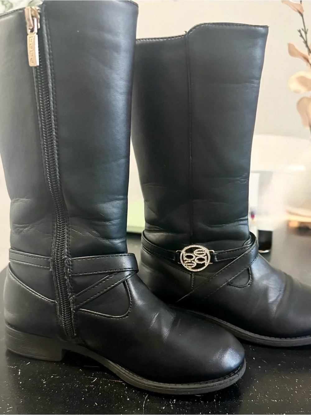 Girls Bebe Black Mid-Calf Boots with Rhinestone Buckle - Size 12 EUC